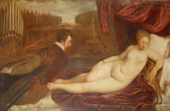Albert Fessler (1908 - 1978) - Titian Venus und Musik 1550  - Prado - akademische Kunstkopie - nicht signiert - mit Nachlastempel - um 1930 - 90 x 150 cm