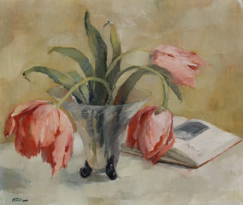 Tulpen im Wasserglas mit Buch - 1933